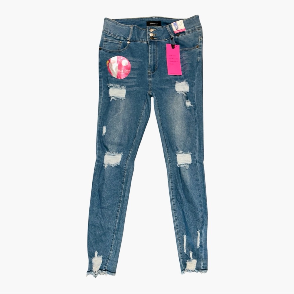High-Rise Distressed Butt Lifter Skinny Jeans in Medium Blue